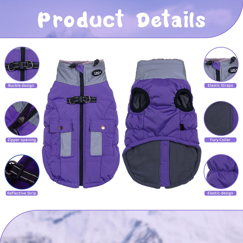 Gyuzh Dog Coat Jacket Vest Clothes Dog Harness Coat Adjustable Reflective Dog Jackets with Pockets and Faux Fur Collar Winter Waterproof Dog Coats for Small Medium Large Dogs (Medium, Purple) - BeesActive Australia