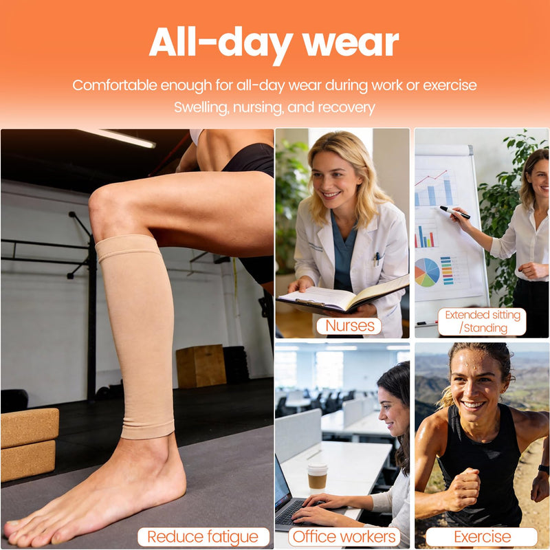 BSERA Calf Compression Sleeve Women, 2 Pairs 20-30mmHg Footless Compression Socks for Swelling Shin Splints Varicose Veins Beige Medium