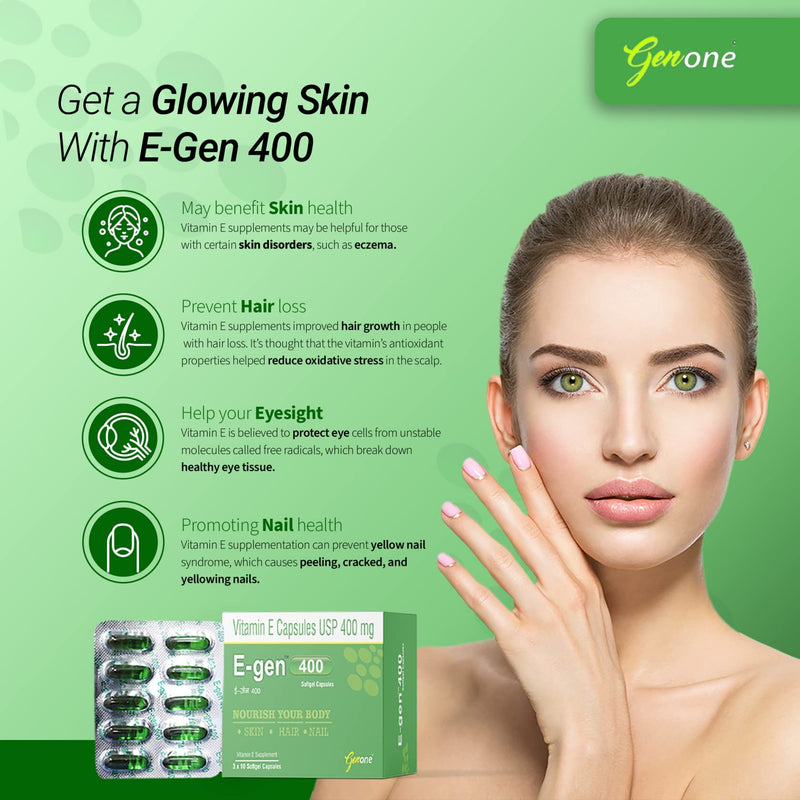 genone E-Gen 400 Vitamin E Capsule for Glowing Face, Skin and Hair Nutrition (30 Capsules) - BeesActive Australia