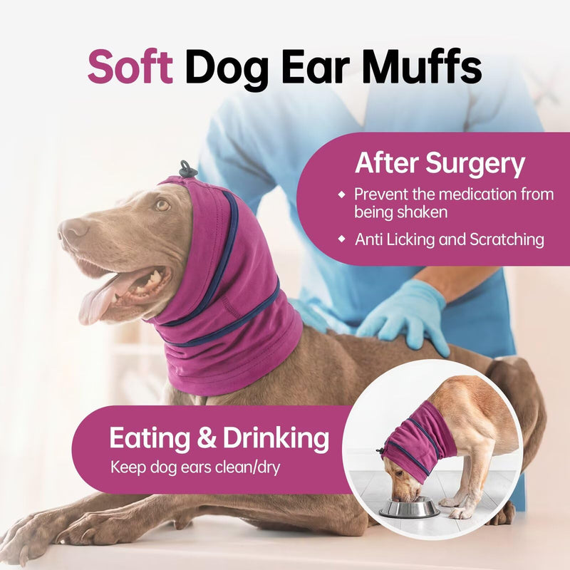 IECOii Dog Calming Hoodie,Anti-Slip Ear Dog Muffs Cover for Noise Anxiety,No Shake Ear Wrap for Dogs Hematoma, Adjustable Dog Headband for Grooming,Fireworks,Thunderstorms,Bath,Force Drying,Purple,L Large（Neck Girth:15.7") Purple