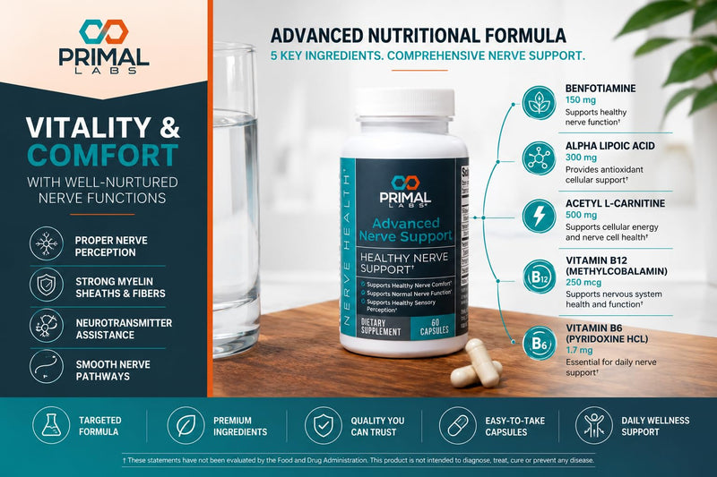 Primal Labs Nerve Support Capsules, 60 Count | Supports Nerve Health, Sensory Function & Comfort, Benfotiamine, Alpha Lipoic Acid, Acetyl L-Carnitine, Vitamins B6 B12