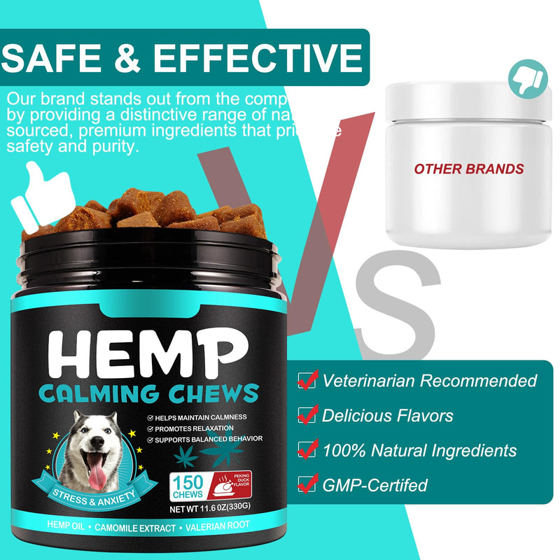 Calming Treats for Dogs Anxiety Relief – Hemp Calming Chews 150 Count | Dog Anxiety Relief for Barking, Separation, Thunderstorms & Fireworks | Natural Calming Supplement, Peking Duck Flavour