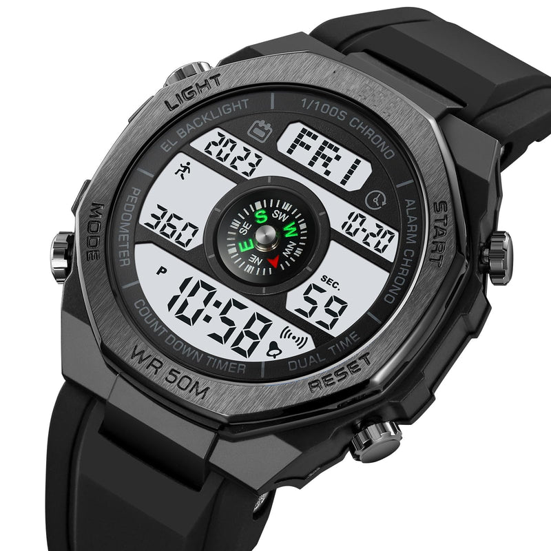 TOOCAT Multifunctional Outdoor Wristwatch (Unisex), 50m Water-Resistant Digital Watch with Step and Calorie Tracking, No Phone Connection Required, No Charging Needed (Black/White) - BeesActive Australia