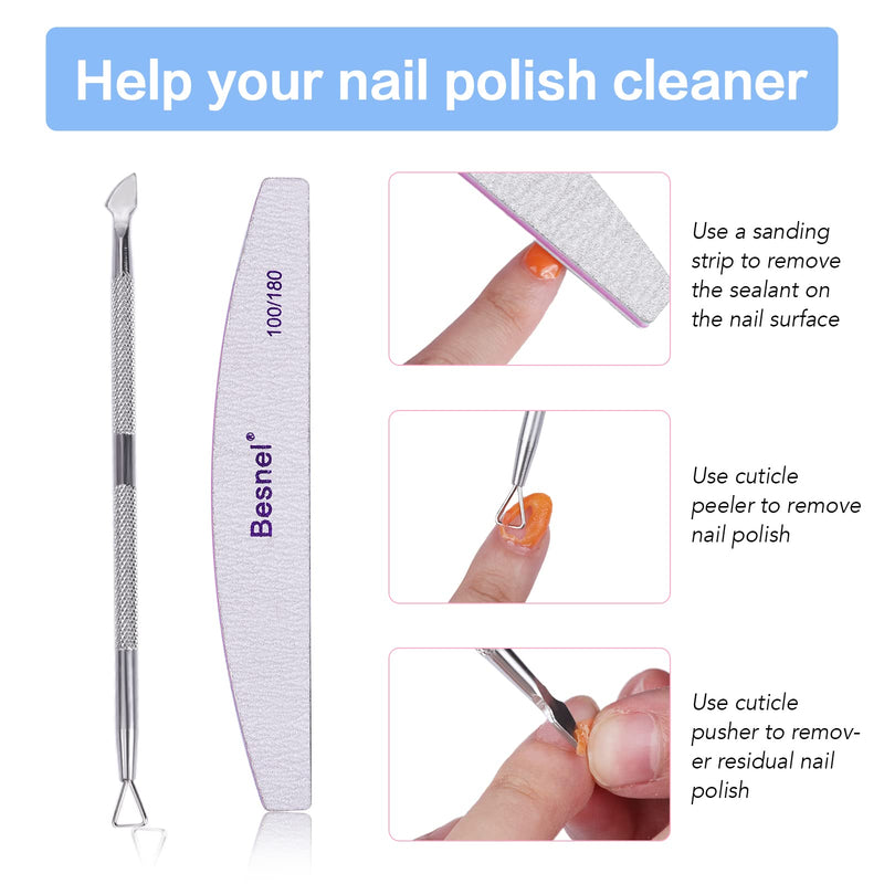 Gel Nail Polish Remover 5 Pack Professional Gel Polish Remover Non-Irritating Quick Easy,Nail Polish Gel Remover Tools Kit Nail File Cuticle Pusher Nail File Grit, No Need For Foil Soaking Or Wrapping 7 Piece Set
