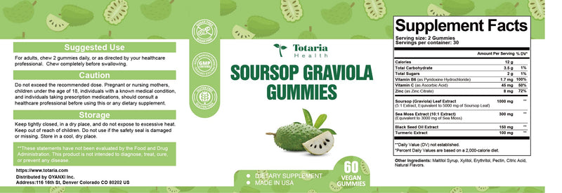 Totaria Sugar Free Soursop Oil Graviola Sea Moss Gummies - Support Digestive Sleep Skin Health, Immunity & Antioxidant - Guanabana Fruit with Sea Moss, 150mg Black Seed Oil Organic Non-GMO Vegan 60 Count (Pack of 1)