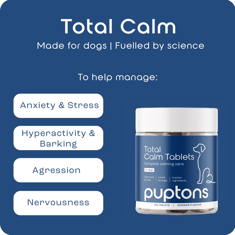 Puptons Total Calming Supplement for Dogs | (120 Tablets) Dog Anxiety & Separation Relief | Reduces Stress, Chewing, Aggression & Barking | L-Taurine, L-Theanine & Ginger Extract White