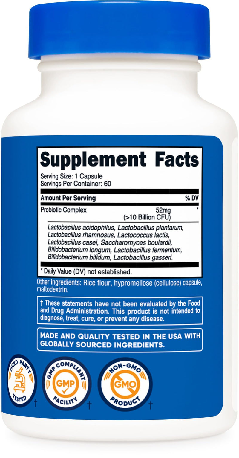 Nutricost Probiotic Complex (10 Billion CFU) 60 Capsules | Acidophilus Plus 9 Other Probiotics, GMO-Free, Gluten Free 60 Count (Pack of 1)