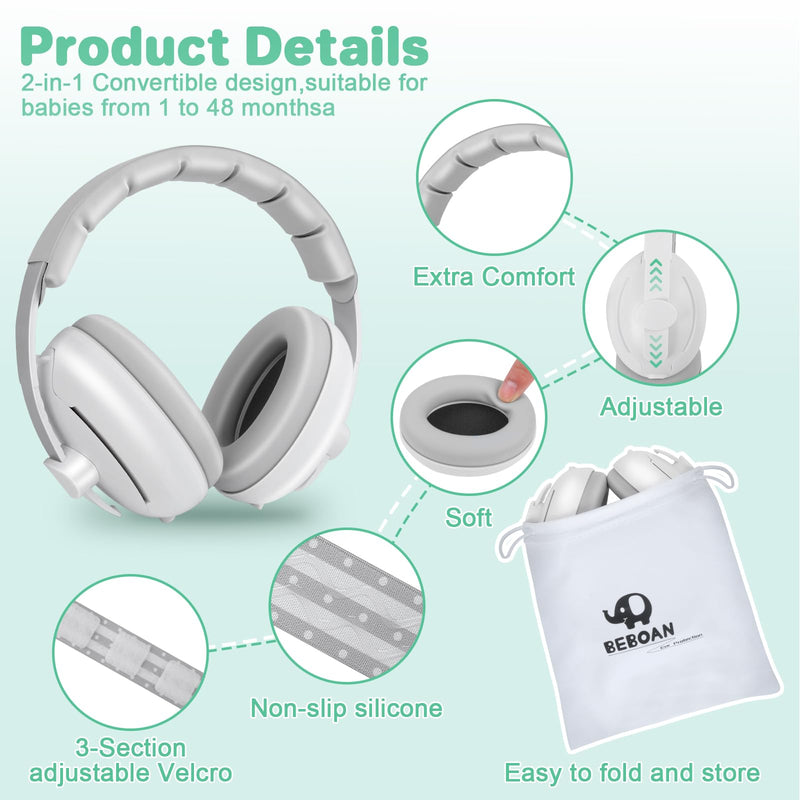 BEBOAN 2-in-1 Baby Ear Muffs Noise Protection for 0-36 Months, Noise Cancelling Headphones for Infant, Newborn Ear Protection for Airplane Travel, Toddler Sound Proof Grey