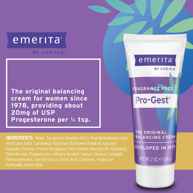 Emerita by Life-flo Pro-Gest Balancing Cream - Progesterone Cream for Women - Original Balancing Cream with USP Progesterone from Wild Yam, Fragrance Free, Made Without Parabens, 60-Day Guarantee, 2oz 2 Oz (Pack of 1)