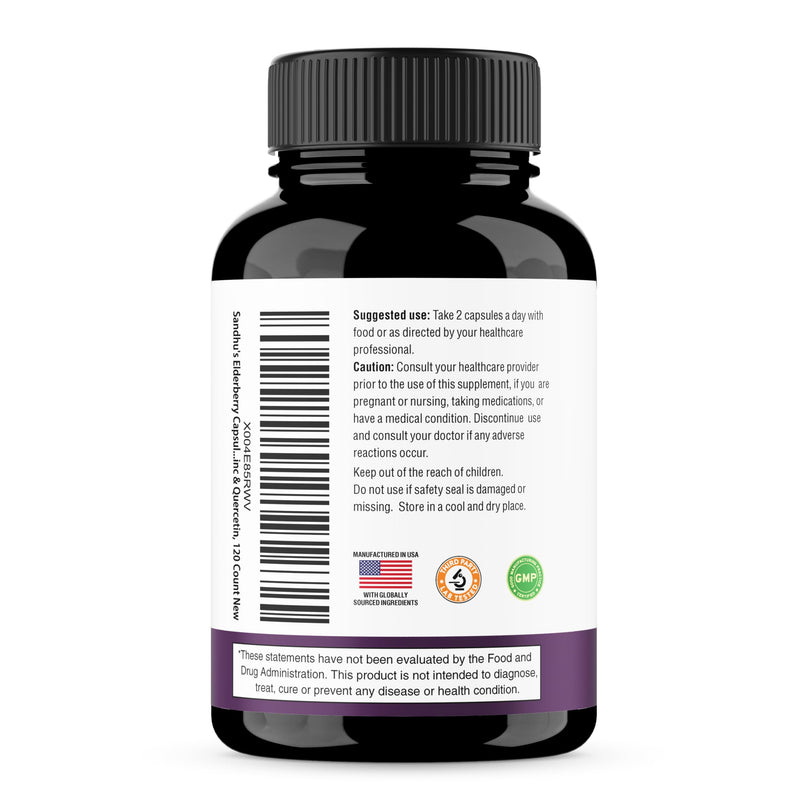 Elderberry Vitamin C and Zinc Capsules with D3 and Quercetin, 240 Count | 6-in-1 Immune Support Supplements For Adults, Sambucus Extract Zink Ginger USA Made in NSF GMP Certified Facility By Sandhu's 120 Count (Pack of 2)