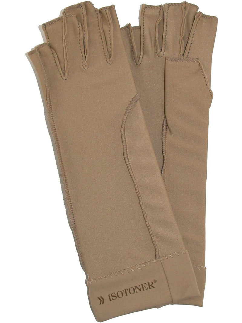 Isotoner Therapeutic Compression Fingerless Gloves, Large, Camel Tan