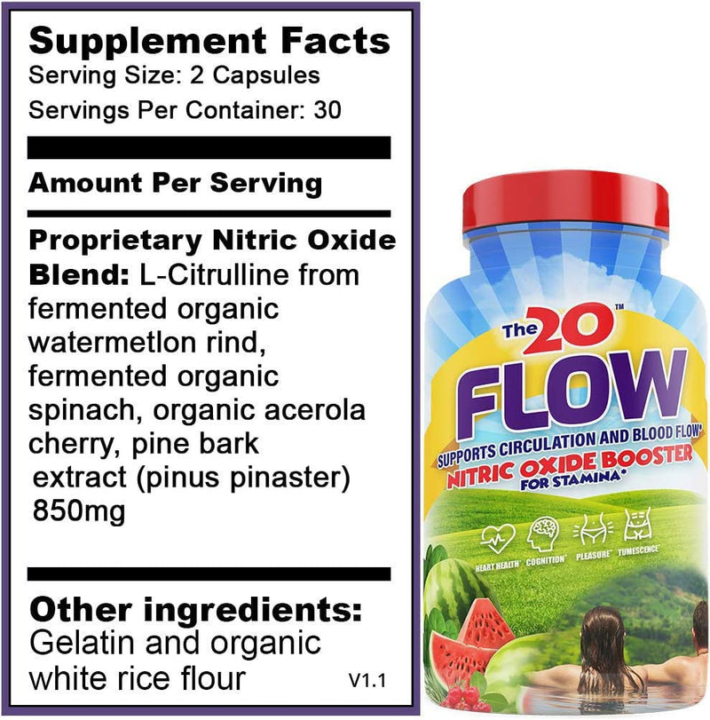 The20: Flow - Nitric Oxide Supplement - 60 Capsules - L-Citrulline from Organic Watermelon, Organic Spinach, and Organic Acerola Cherries - for Heart, Brain, and Overall Health - No Gluten - BeesActive Australia