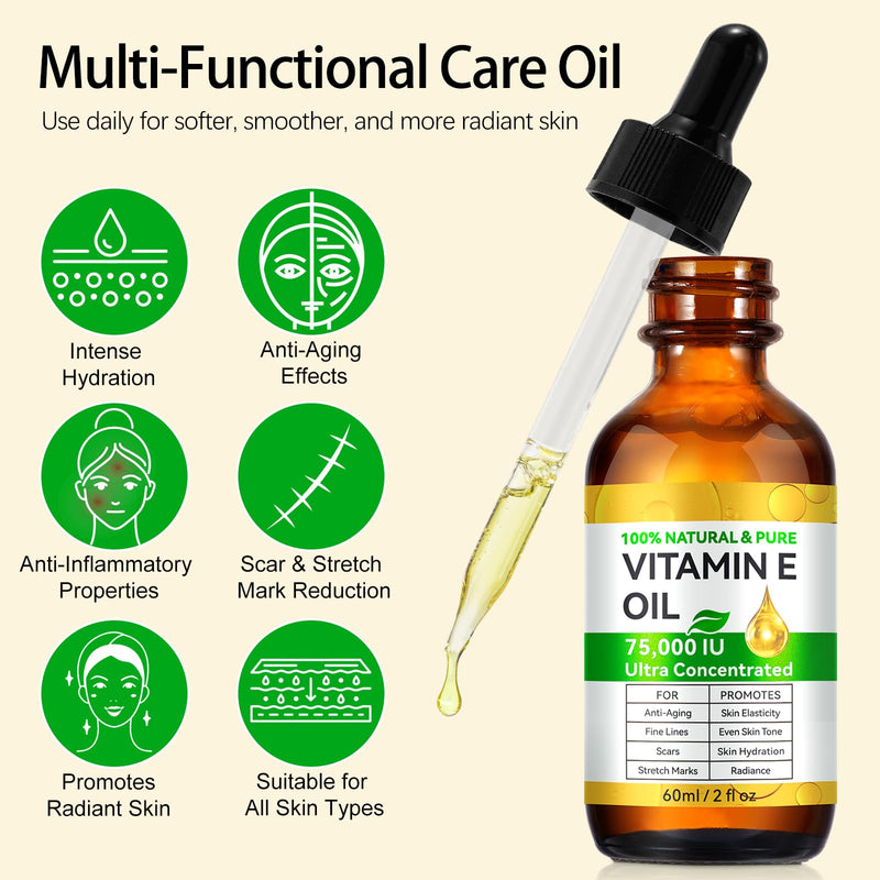 Vitamin E Oil for Skin - 75,000 IU | Vitamin E Oil for Scars, Stretch Marks, Wrinkles, 100% Natural d-Alpha Tocopherol for Face & Hair, Moisturizing Anti-Aging (120 ML) 2 Fl Oz (Pack of 2)