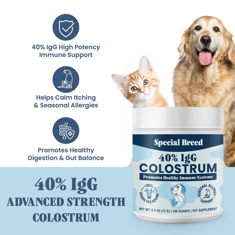 40% IgG Grass Fed Colostrum for Dogs, Third Party Tested High Potency Colostrum Powder, Immune Support, Prebiotic Gut Health, Seasonal Allergy and Itch Relief, Made in USA, 2.5 Oz Bovine 40% IgG 180 Scoops