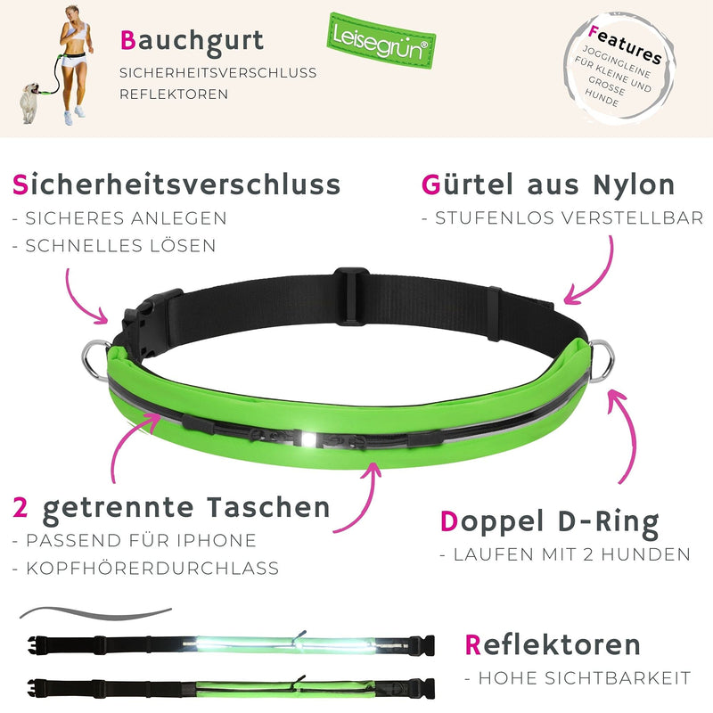 Quiet green jogging leash for small dogs up to 10 kg | Freehand leash for jogging with waist belt | 135cm to 185cm | Black Set Jogging Leash - Small Dogs - BeesActive Australia