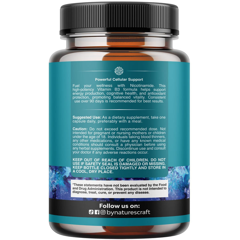 Vitamin B3 Niacinamide 500mg Capsules - Mitochondrial Energy and Potent Skin Supplement - Vitamin B3 Niacin Flush Free and Nicotinamide 500mg - Flush Free Niacin Supplement - 60 Count 60 Count (Pack of 1)