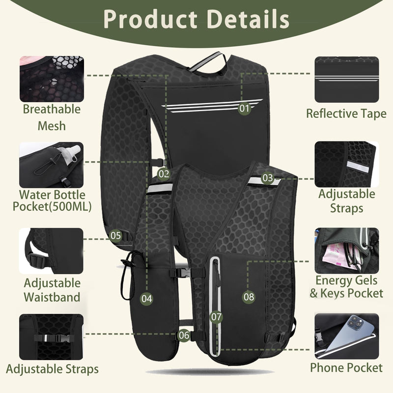 Unisex Running Vest Running Backpack - Adjustable Size Lightweight Trail Hydration Vest with 2L Bladder & 500ml Soft Flask, Mesh, Large Phone Pocket for Night Walking, Marathon(Reflective Strips)