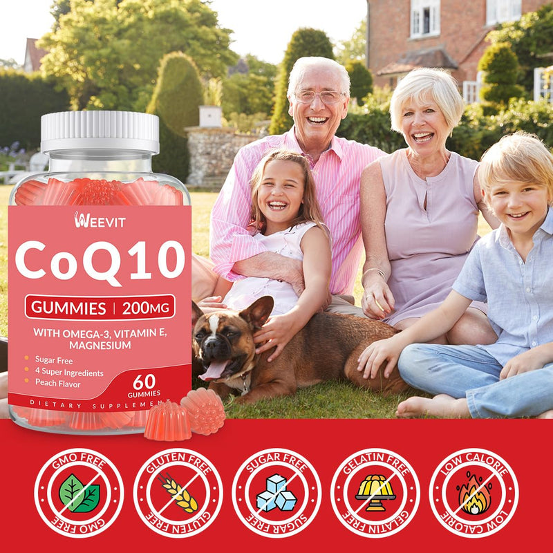 CoQ10 Gummies 200mg, Coenzyme Q10 with Omega-3, Magnesium for Adults | Co Q10 Supplement for Energy, Sugar Free, Vegan 60 Count (Pack of 1)
