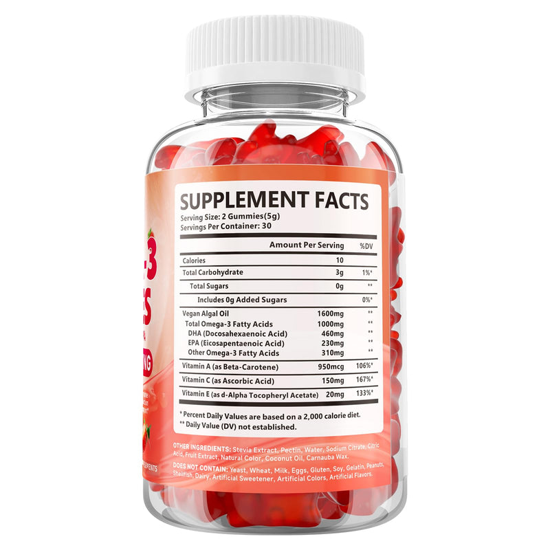 2 Pack Vegan Omega-3 Gummies 1000mg, Strawberry Flavor, 120 Count 60 Count (Pack of 2)