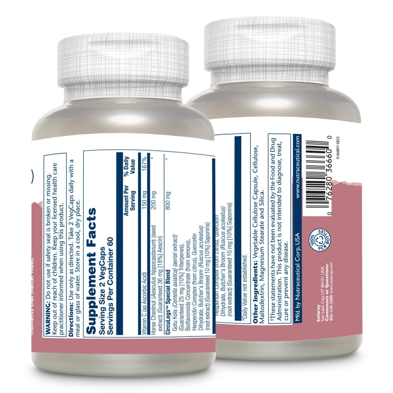 SOLARAY Circulegs, 120 VegCaps | Circulatory & Vascular Wellness Support, Horse Chestnut, Gotu Kola & Vitamin C, 60 Servings, Vegan, Gluten Free, Lab Verified 120 Count (Pack of 1)