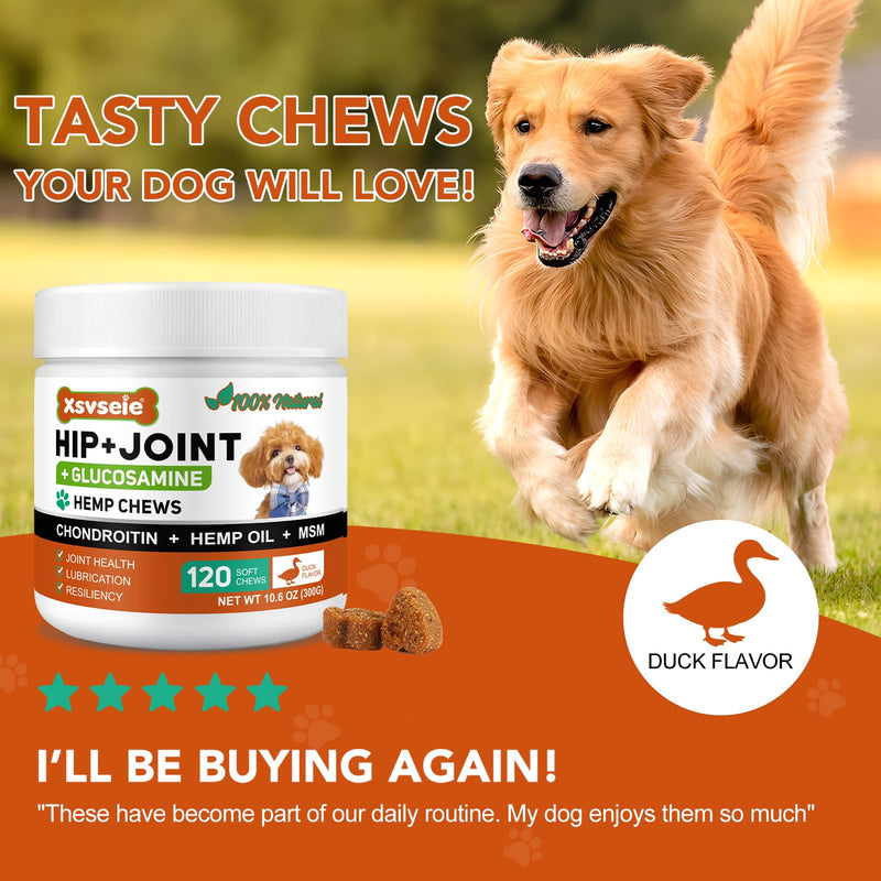 Joint Supplements for Dogs, Dog Joint Supplements for Senior Dogs, Hip and Joint Supplement for Dogs, 120 Soft Chews with Glucosamine, Chondroitin & MSM, Mobility & Cartilage Care, Adult, Duck Flavour