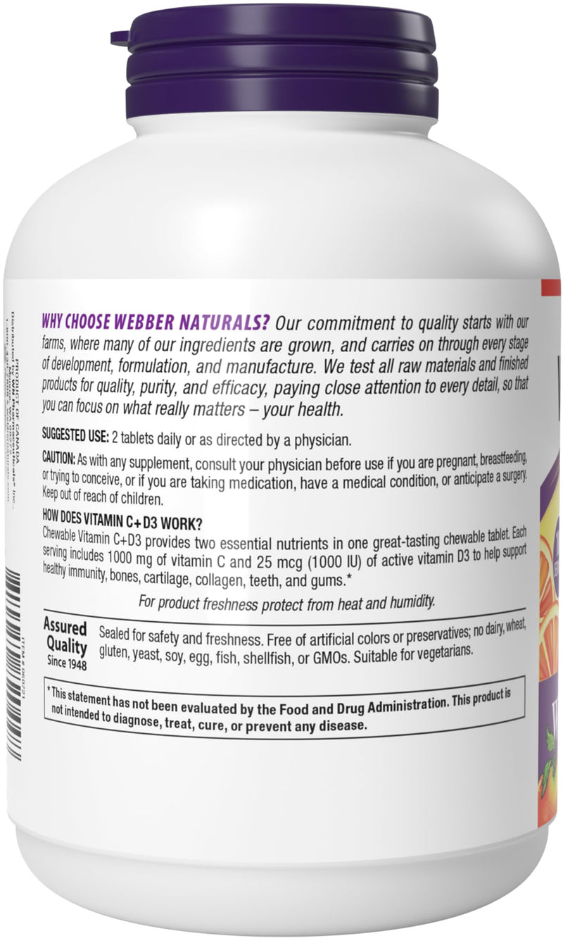 Webber Naturals Chewable Vitamin C 1000mg + D, Orange Flavor, 200 Tablets | With Vitamin D3 1000IU per Serving, Supports Bones, Teeth & Immune Health, Non-GMO, Dairy & Gluten Free