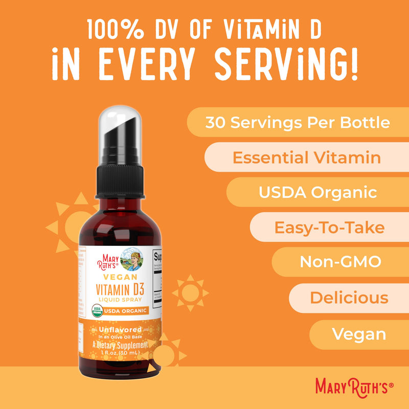 MaryRuth Organic Vitamin D Drops Spray, Adult & Kids Vitamin D, 30 Servings | USDA Organic, Sugar Free, Immune Support for Adults & Kids, Vegan, Gluten Free