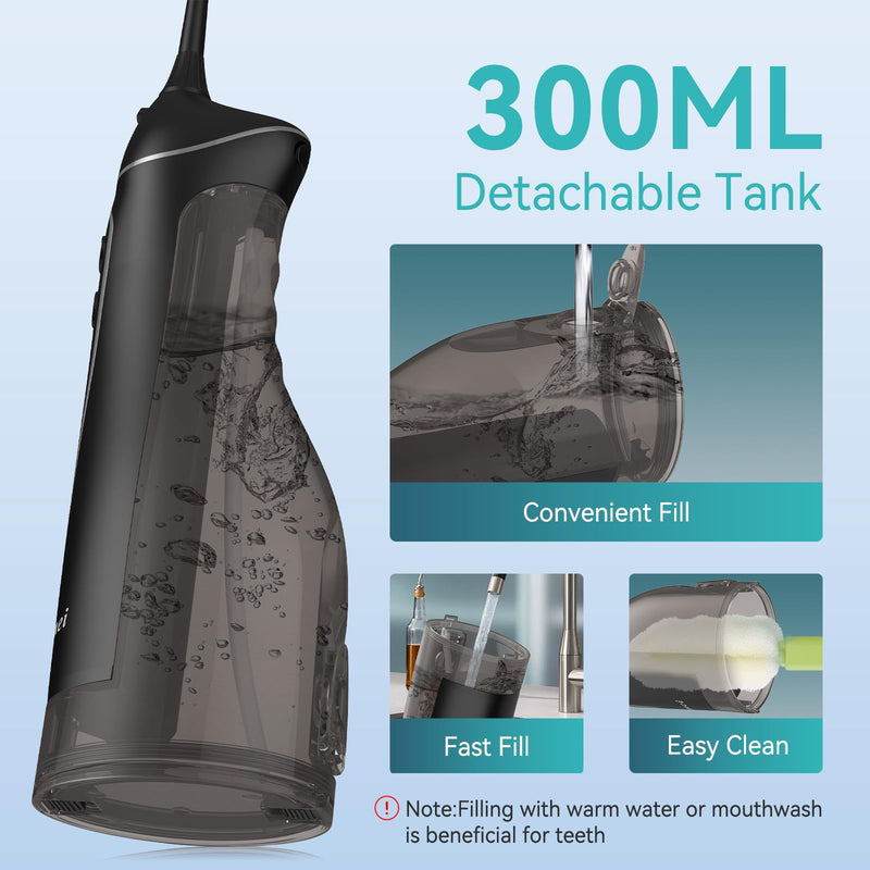 Water Dental Flossers for Teeth, 300ML Cordless Portable Electric Water Flosser, 4 Modes Oral Irrigator, Waterproof Rechargeable Water Floss for Deep Cleaning, Plaque Remover,Braces Home Travel Use Black