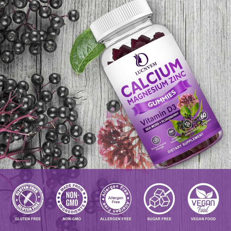 Calcium Magnesium Zinc Gummies witn Elderberry and Sea Moss, Calcium Magnesium 2:1, Contains Magnesium Glycinate, Vitamin D3, for Bones, Muscles, Calm Mood & Sleep Support , 60 Gummies(3 Packs) Sweet Elderberry 60 Count(Pack of 3)