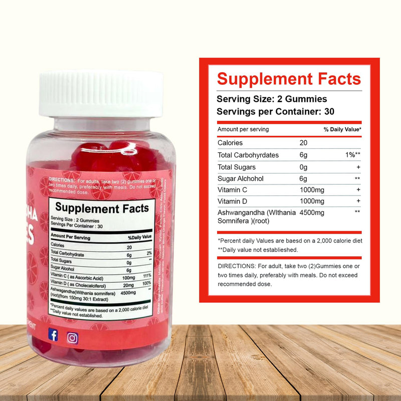 Premium Ashwagandha Gummies, Stress Support with Blood Orange Flavor, Vegan, Easy to Chew, Daily Aid, Energy Booster, Mood Enhancer, for Both Men and Women, 60 Gummies