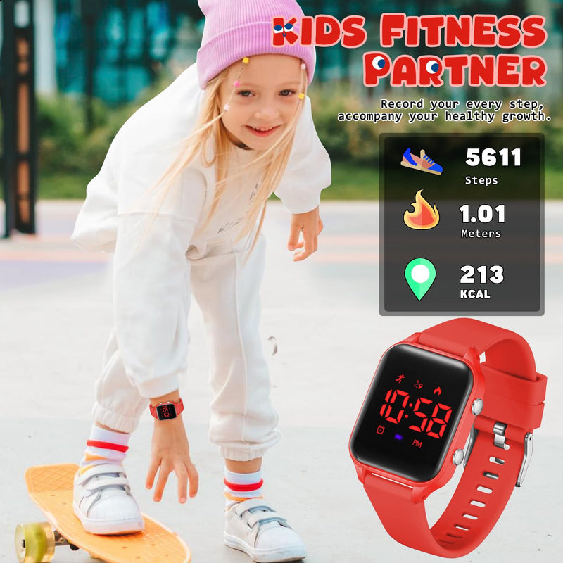 Kids Digital Watches for Boys Girls, Sports Watch with Fitness Tracker, Pedometer, Alarm Clocks, Stopwatch, No App Needed Waterproof Kids Watch, Gift for Teens Student Girls Boys Ages 5-14 L6615E-Red - BeesActive Australia