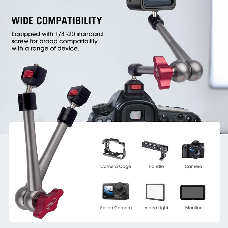 Came-TV 11" Articulating Magic Arm Camera Mount with 360° Ball Heads & 1/4 Screws & Locating Pins, Aluminum Camera Magic Arm Articulating Arm for Monitor Video Light Camera Cage Rig (64002) 11" Magic Arm