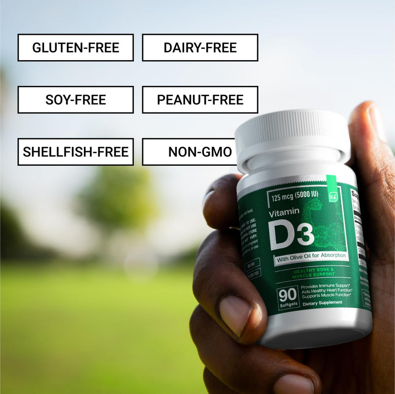 Essential Elements Vitamin D3 5000 IU - Softgels with Olive Oil - Bone, Muscle, & Immune Support - 90 Count 90 Count (Pack of 1)