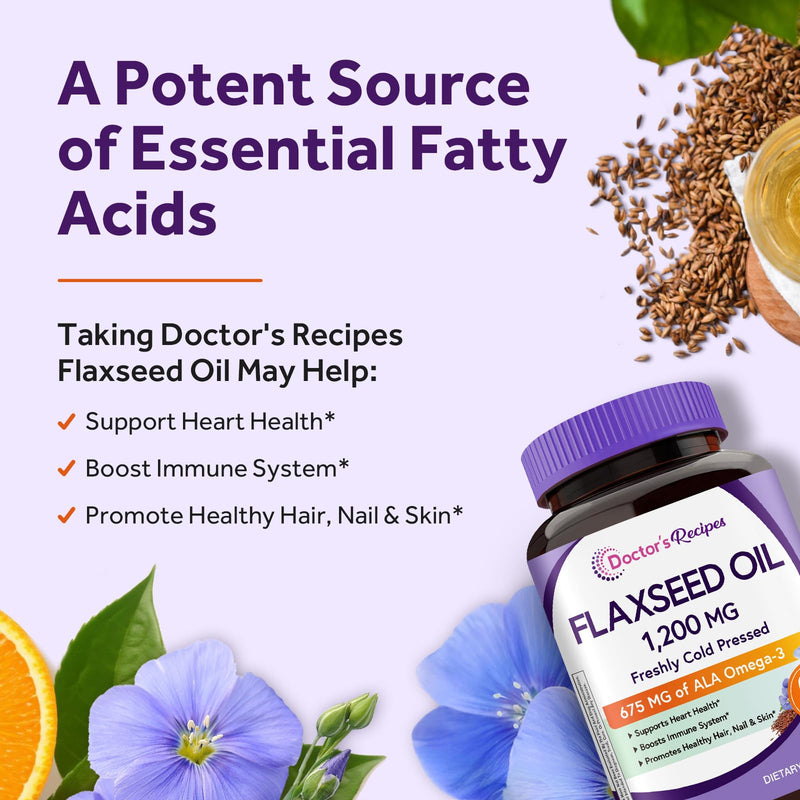 Doctor's Recipes Flaxseed Oil, 1200 mg, Freshly Cold Pressed, High in ALA, Omega 3 6 9, No Gluten, No Soy, for Heart Health, Non GMO, 60 Softgels 60 Count (Pack of 1) - BeesActive Australia