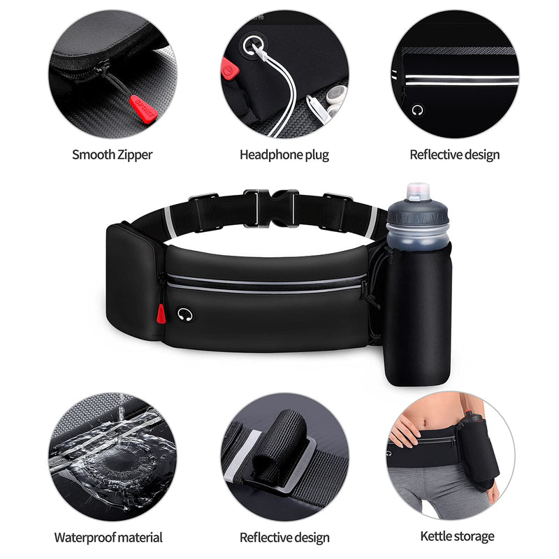 Hydration Running Belt for Women Men Running Fanny Pack with Foldable Water Bottle Holder (Bottles NOT Included) for Walking No Bounce Adjustable Waist Pouch for Runners Jogging black