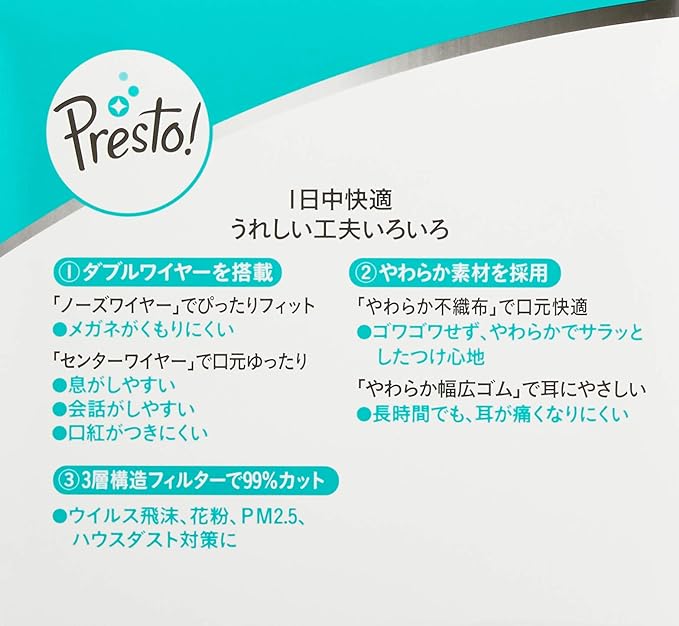 Presto! Mask, Slightly Larger Size, Compatible with PM2.5, 200 Sheets (50 Sheets x 4 Pack) - BeesActive Australia
