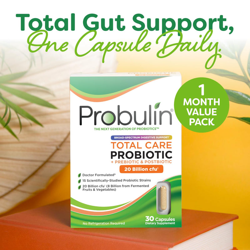 Probulin Total Care Probiotic Supplement, Daily Gut, Digestive, and Immune Health Probiotics Capsules for Men and Women, 20 Billion CFU, Vegan, 30 Count Box 30 Count (Pack of 1)
