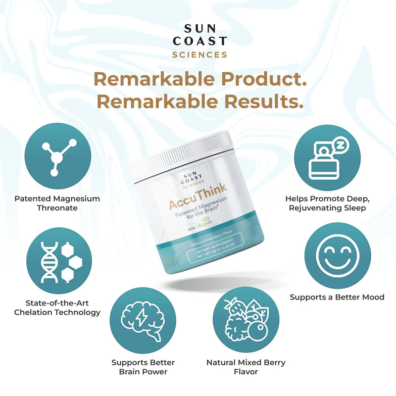 Sun Coast Science Sun Coast Sciences AccuThink - Patented Magnesium Brain - 2.64oz Memory Supplement Brain Health, Sleep, Mood Boost - Cognitive Support Supplement Magnesium Threonate Vitamin C