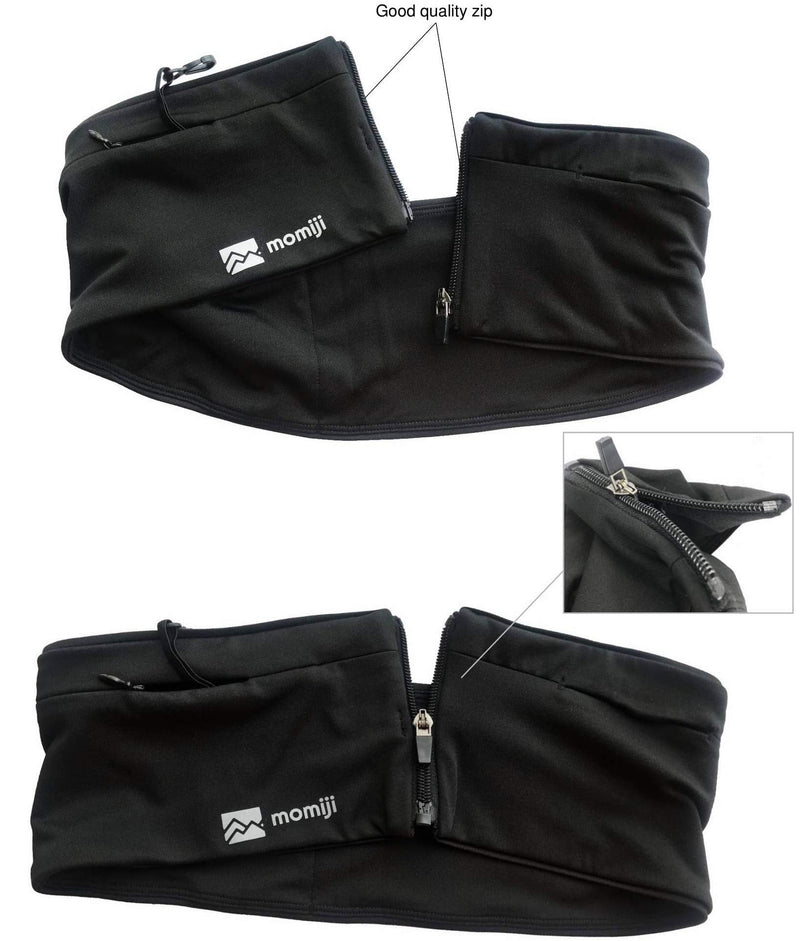 Momiji Innovations 2021- Side Zip ON Running Waist Belt - Men Women Wide Pocket Opening Large Capacity Zip-On No Bounce Chafing Buckle Free Reflective Light Machine Washable Water Resistance Zipper Unstretched Medium (28")