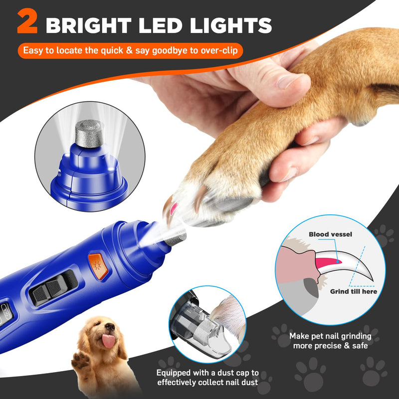 Dog Nail Grinder Quiet Painless Dog Nail Trimmers with 3 Grinding Bits 3-Speed 3 Grinding Ports 2 LED Lights Rechargeable Dog Nail Clippers for Large Small Pets-A Dark Blue - BeesActive Australia
