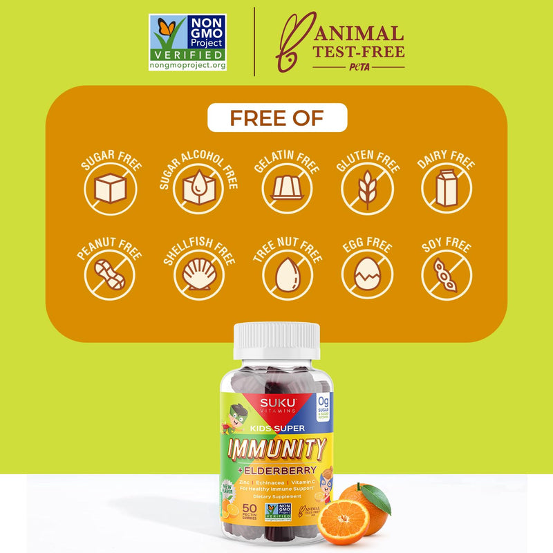 SUKU Vitamins - Kids Super Immunity - Elderberry, Echinacea, Vitamin A and Zinc Gummies for Immune Support - Easy to Chew - Non GMO, Gluten Sugar Free - Pomegranate Lime Gummy Vitamins, 50 Count