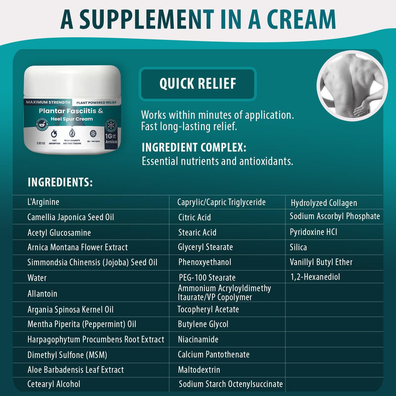 Plantar Fasciitis And Heel Spur Cream By PMT - Cream For Foot Relief. High Concentration of Arnica; Vitamin B6, MSM, Glucosamine - To Soothe and Relieve - 2.82 OZ