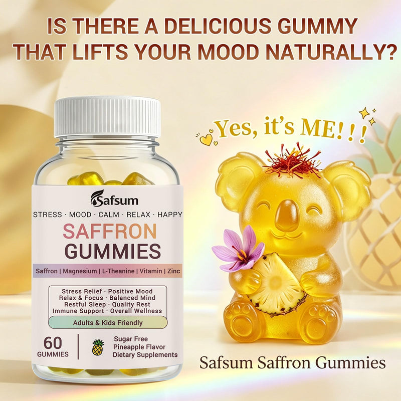 Saffron Gummies with Magnesium, L-Theanine, Vitamins - Happy Gummies for Stress Relief & Mood Support Saffron Supplements for Adults & Kids, Sugar Free Pineapple Flavor, 60 Gummies
