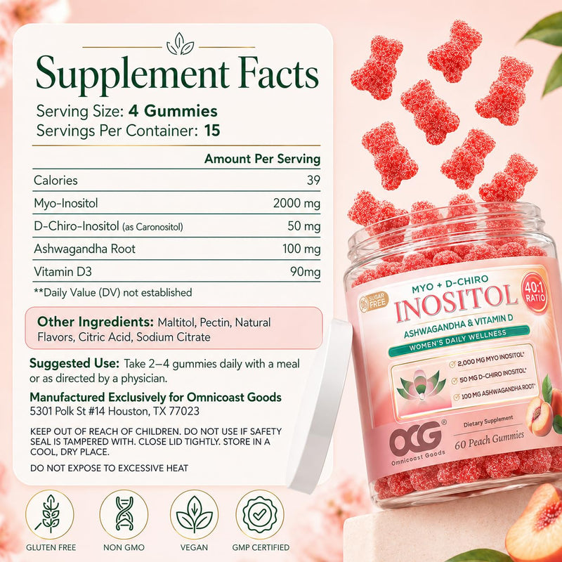 Myo-Inositol & D-Chiro Inositol Gummies with Ashwagandha Root & Vitamin D3 | 40:1 Ratio | Sugar-Free Peach Flavor | Non-GMO | Dietary Supplement | 60 Gummies 1