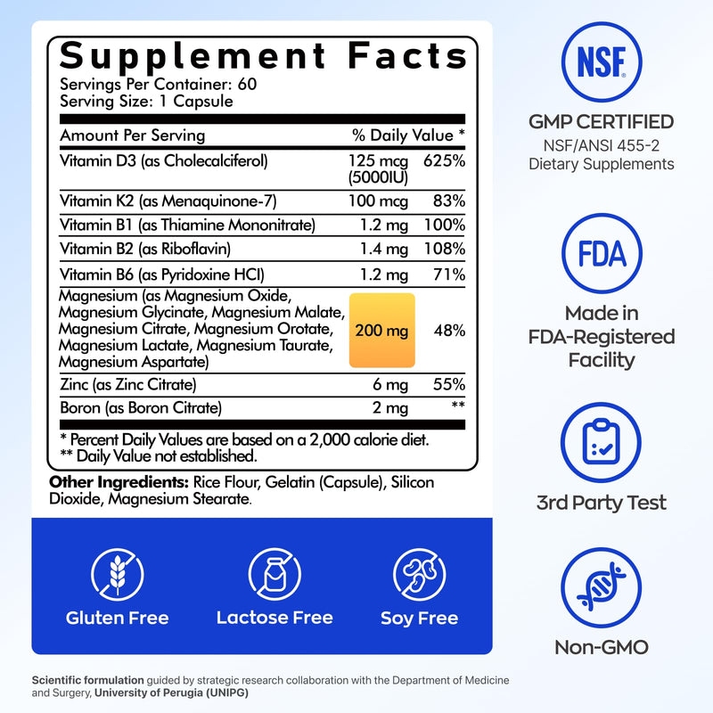Vitamin D3 K2 Magnesium, Supplement 5000 IU Vitamin D3 & MK-7 K2 with 8-in-1 Magnesium Complex, Magnesium Glycinate, Malate & Taurate for Bone, Sleep, Stress Relief & Mood, 60 Capsules 1 Count (Pack of 1)