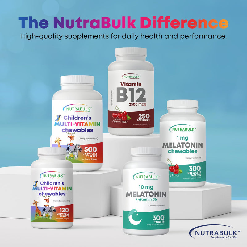 NutraBulk Children’s Chewable Multi-Vitamins - Promoting Kids' Overall Development - USA-Made, May Help to Support Immune, Bone, Brain & Overall Well Being- Vegan & Gluten Free - 120 Cherry Tablets | Fun Animal Shapes & Fruity Flavors, No Artificial Dy...