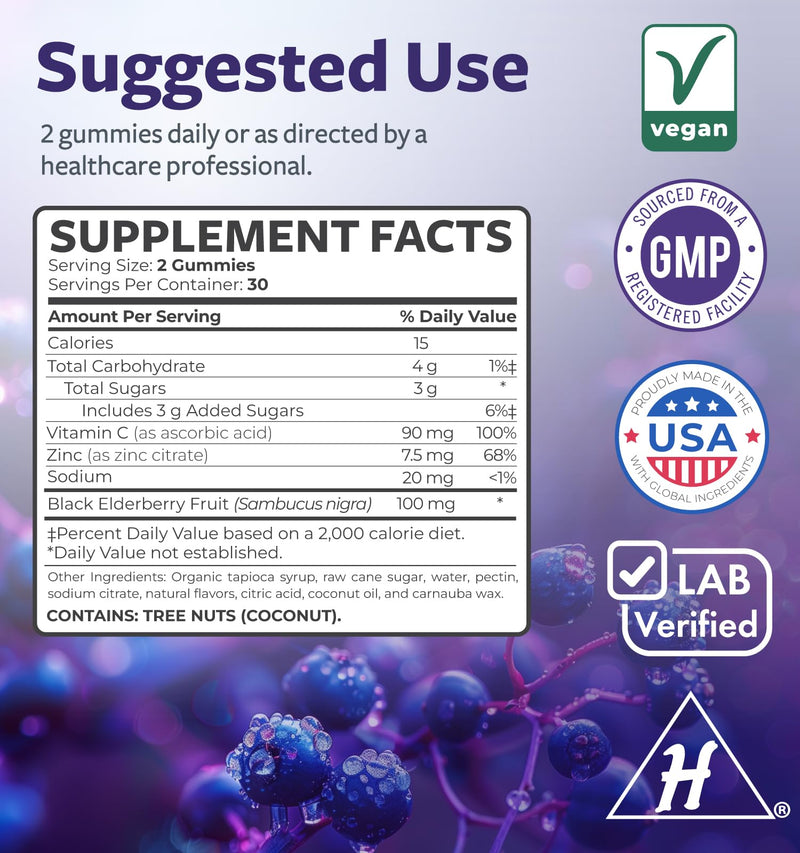 Vegan Sambucus Elderberry Gummies for Adults for Daily & Seasonal Wellness | Black Elderberry Vitamin C and Zinc Gummies - Delicious and Nutritious Immune Support Gummy Supplement (1 Month Supply) Adults 60 Count
