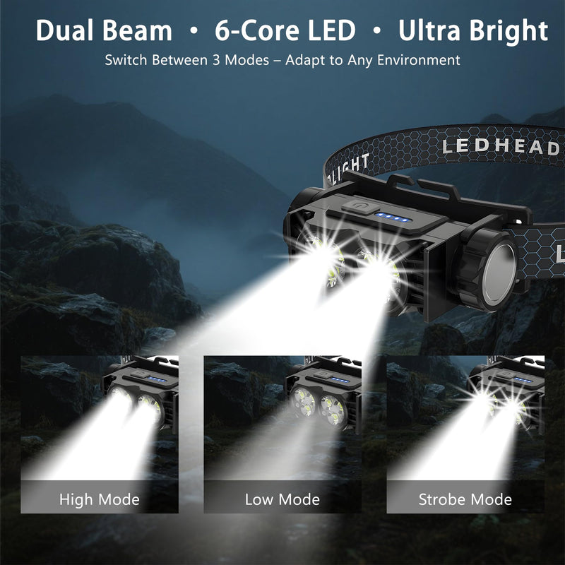 2-Pack LED Headlamp Rechargeable – Super Bright Magnetic Headlight with Type-C Fast Charging, Waterproof, Real-Time Power, Lightweight, 120° Adjustable Beam, Compact for Camping, Hiking, Work, Black