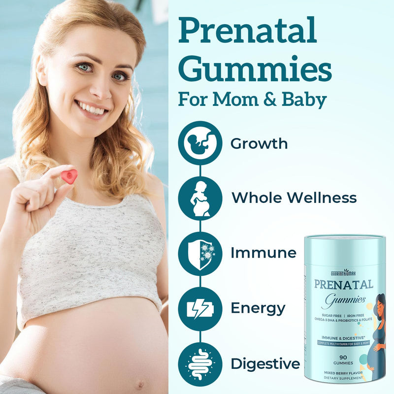 Quorinthiumax Prenatal Gummies Sugar Free 90 Count - Organics Prenatal Vitamins for Women with Folate, DHA & Probiotics - Iron Free Prenatal Vitamin Gummies for Immune & Digestive - 1 Bottle 90 Count (Pack of 1)