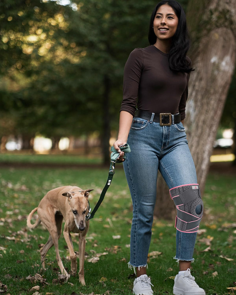 ABYON Knee Brace for Women Plus Size for Meniscus Tear, ACL, Arthritis.Knee Braces with Dual Side Stabilizers & Crossed Compression Straps Maximum Support for Knee Pain Relief and Fast Recovery - Please Check Sizing Video Before Buying Gray-pink